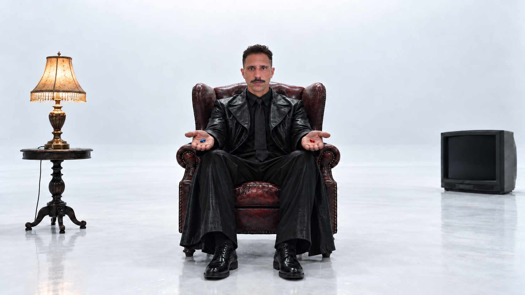 Gabe sits in a leather chair in a white room, offering a blue pill on the left and a red pill on the right. A table lamp stands to the left; a television sits to the right.