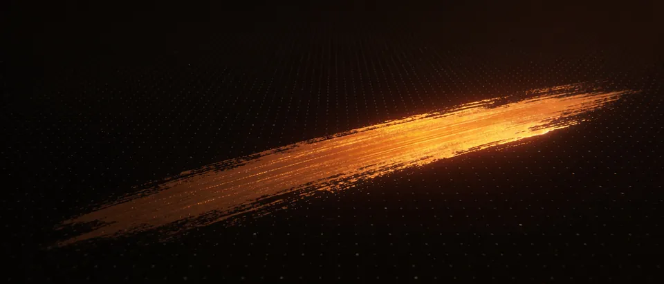 Abstract amber-on-black scene: a single living, textured brushstroke cutting across a vast uniform field of identical faint machine dots, the one human mark among the mass-produced.