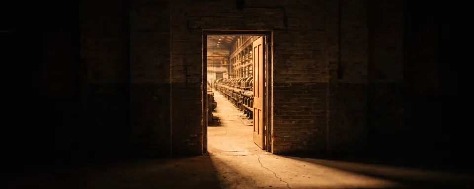 A modest wooden door standing open in a dark brick wall, warm amber light spilling across the concrete floor, and beyond it an enormous machine hall receding into the distance in long lit rows.