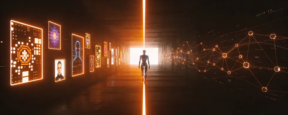 Abstract amber-on-black scene: an android walking from a wall of NFT pfp frames toward a network of AI agent nodes, the same figure crossing from one cycle into the next.