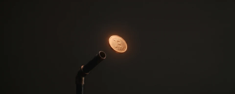 A glowing Bitcoin coin suspended above the opening of a dark metal pipe.