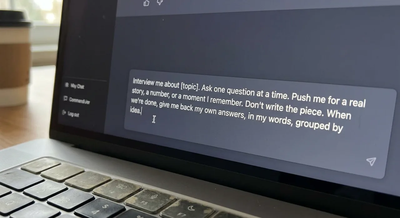 A laptop chat box with the prompt: Interview me about [topic]. Ask one question at a time. Push me for a real story, a number, or a moment I remember. Don't write the piece. When we're done, give me back my own answers, in my words, grouped by idea.