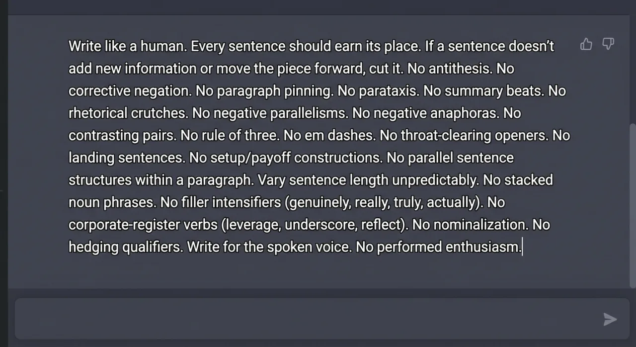 A chat window showing the full write-like-a-human prompt.