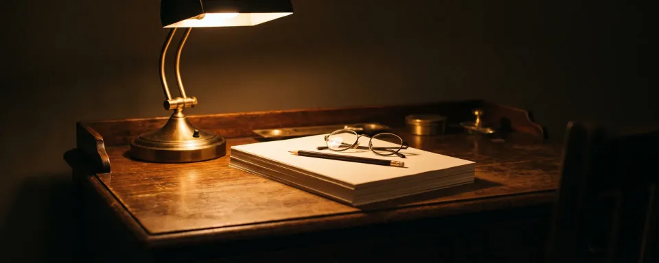 A brass desk lamp pours amber light over a stack of blank paper, with a sharpened pencil and reading glasses resting on top, in an otherwise dark room.