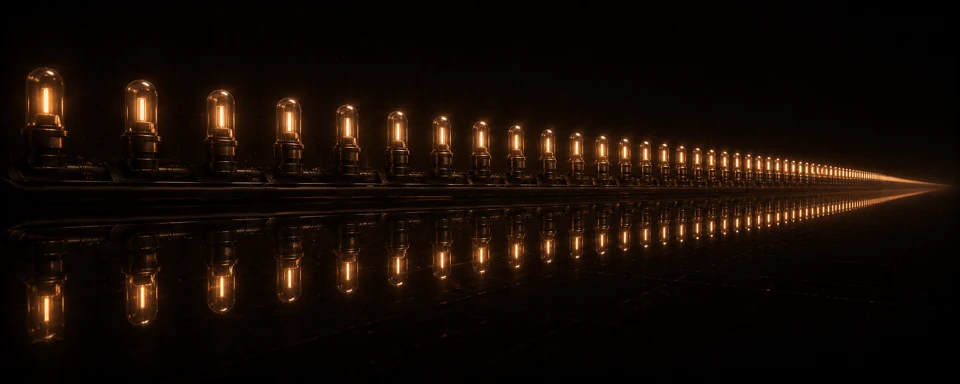 A long row of identical amber indicator lamps stretching into the distance on a warm near-black background, every lamp lit the same, reflected in the dark glass surface below.