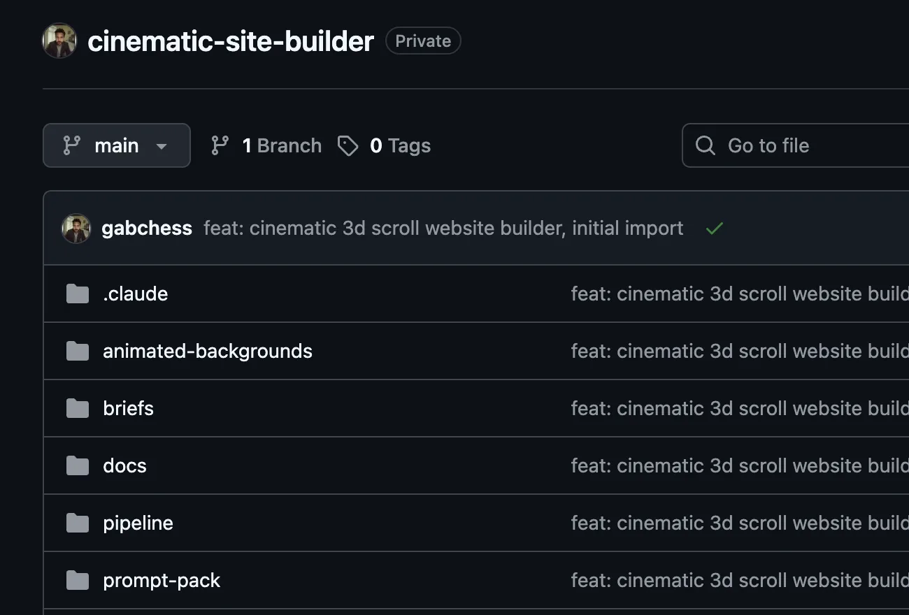 Screenshot of the private cinematic-site-builder repository on GitHub, owned by gabchess.