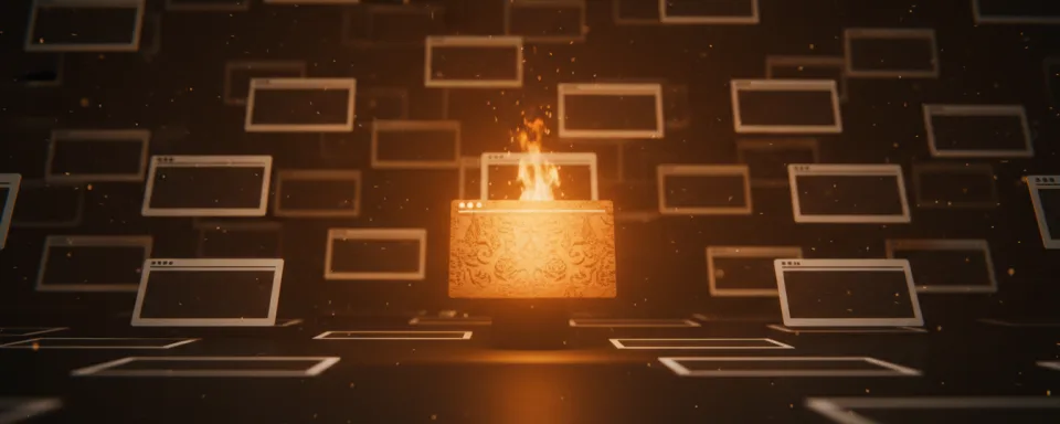 Dozens of identical blank website wireframe cards floating in the dark, with one card in the center carved from warm paper and lit by a small flame.