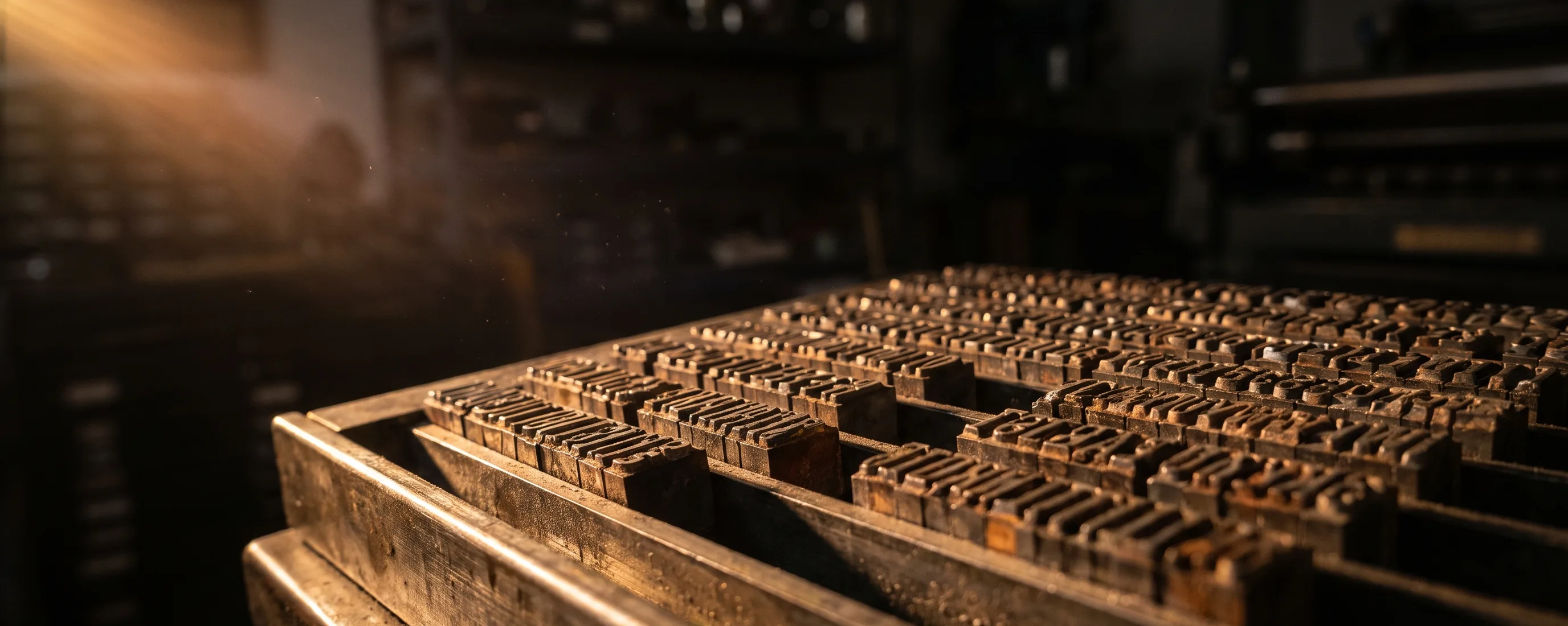 Rows of worn letterpress metal type in a wooden composing tray under warm amber light, with one empty slot where a name slug is missing, deep shadow all around.