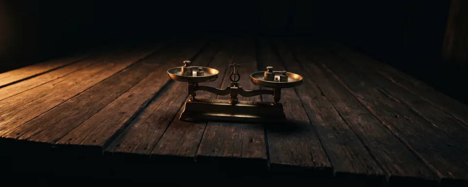 An antique brass balance scale on a dark wooden floor, its two pans hanging perfectly level with each other while the floorboards beneath the whole stand run visibly downhill to one side, lit by a single warm amber light from the left.