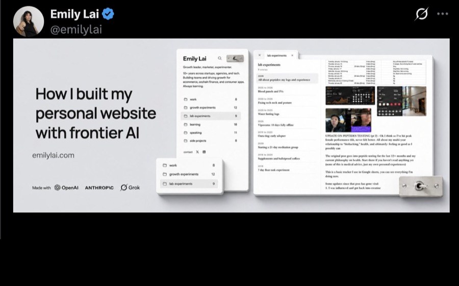 Screenshot of the X profile header of @emilylai above her article cover image reading "How I built my personal website with frontier AI" next to screenshots of emilylai.com.