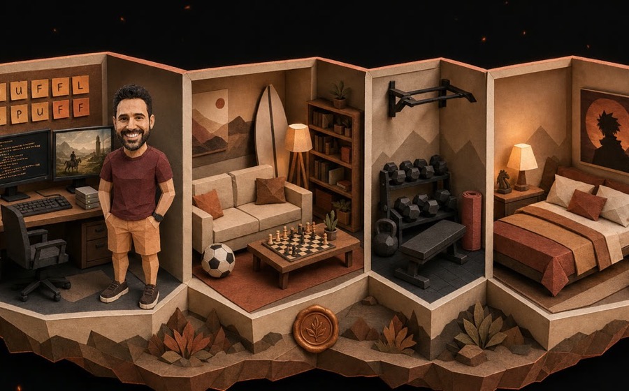 Paper-craft diorama of a four-room home office cut open like a dollhouse, with a small figure of Gabriel Abreu standing beside a desk and monitor on the left.