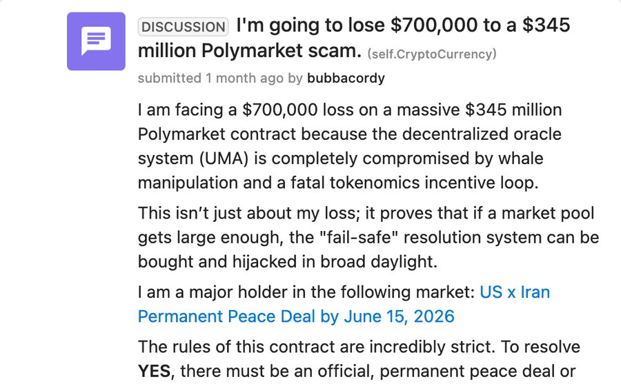 Screenshot of a Reddit post titled "I'm going to lose $700,000 to a $345 million Polymarket scam," submitted June 16, 2026 by u/bubbacordy in r/CryptoCurrency.