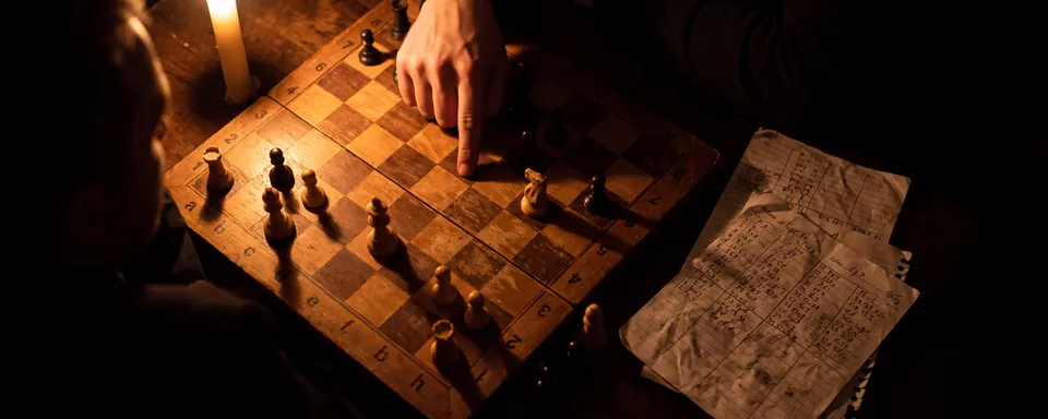 A late-endgame chessboard with few pieces remaining, handwritten scoresheets resting beside it, one player's hand pointing at a square mid-conversation, lit by warm amber candlelight against near-black shadow.