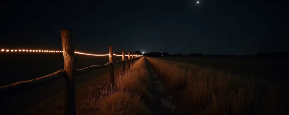 A wooden fence receding across a dark field, its rails rim-lit in amber under a small moon