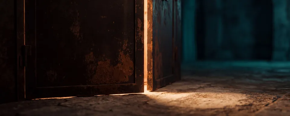 A heavy rusted vault door stands open by a hair, a thin seam of amber light escaping through the gap and pooling on the cracked stone floor.