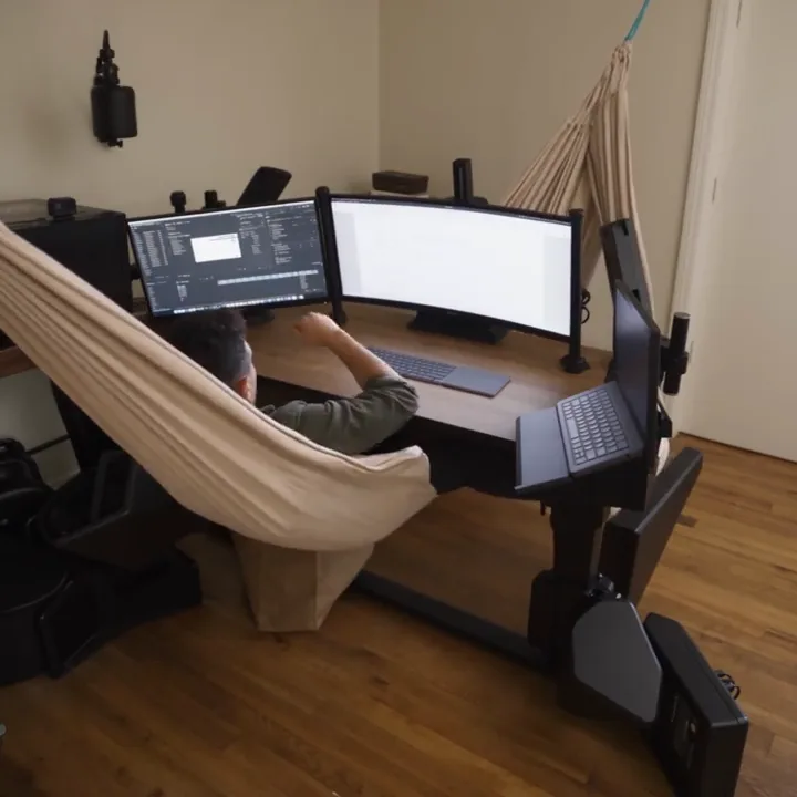 A home-office parody: Gabriel settles into a hammock and swings a monitor rig into place.