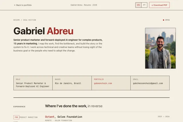 First screen of the 2026 resume: Gabriel Abreu, senior product marketer and forward-deployed AI engineer