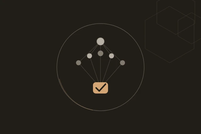 A harness mark: one conductor node fanning threads out to a crew of agents, reconverging into a single approval seal