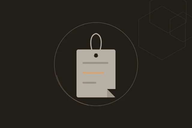 A metadata tag with a hole-and-string loop and three rule-marks for structured-data fields, the address field in accent